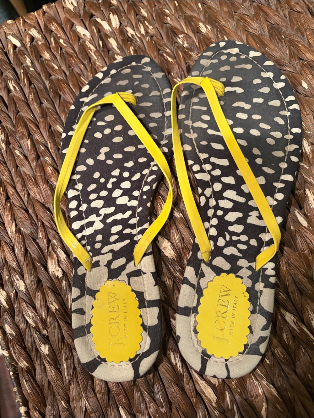 J. Crew Black and Cream Leopard-Print Flip Flops with Yellow Straps
